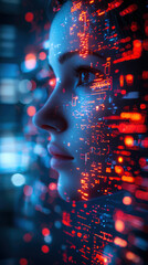 Futuristic female AI assistant with a glowing holographic interface in a high-tech environment showcases advanced cybernetic beauty