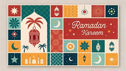 "Ramadan Kareem Islamic Festive Greeting Card with Traditional Patterns and Lanterns"