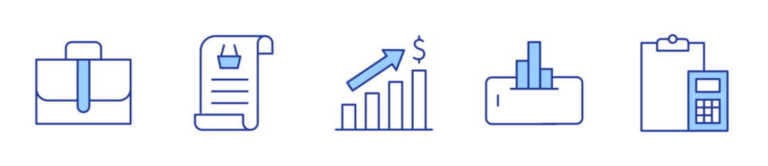 analytics, accounting, briefcase, bill, bar chart. Icon vector illustration. Line Duotone style. Editable stroke