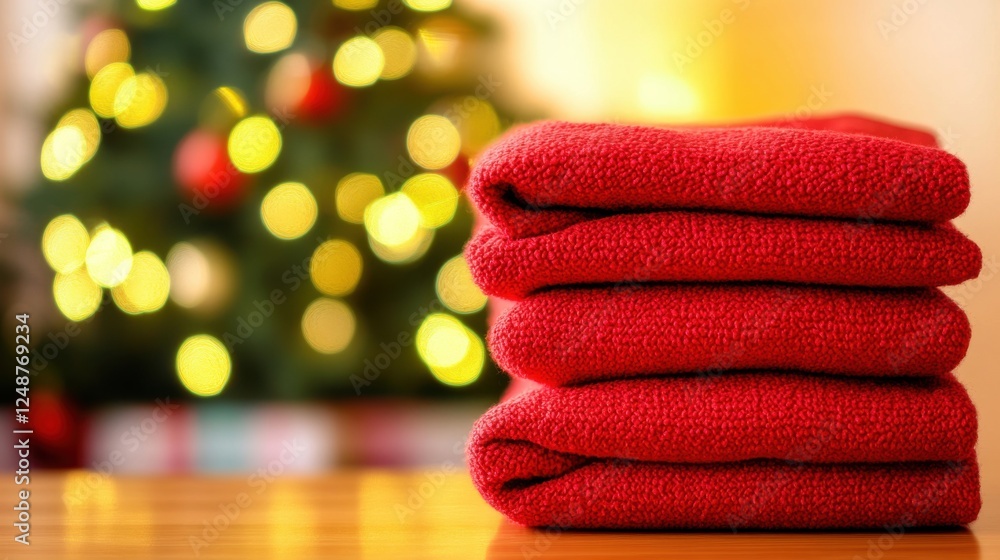 Aufkleber Stacked red towels in a cozy setting with a softly lit Christmas tree in the background