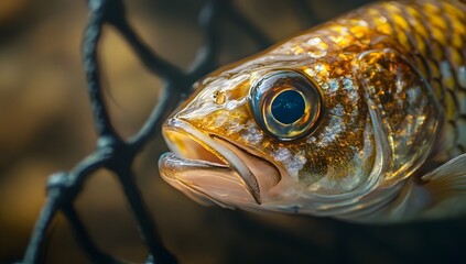 Close-up of a Fish Caught in a Net, Focus on Eye and Scales