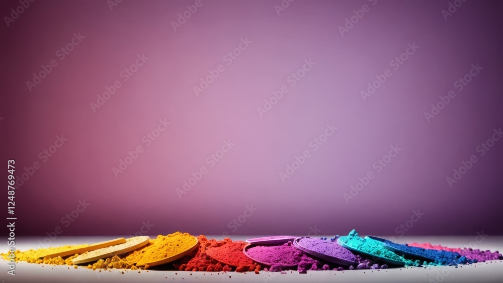 Poster colorful powders arranged in a row on a smooth surface with a soft, blurred background