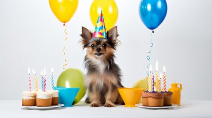 Adorable Dog Birthday Party Celebration on White Background - Cute Canine Celebration Image for Greeting Cards and Invitations