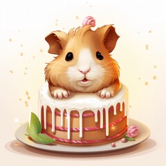 Adorable Guinea Pig Clipart with Birthday Cake Isolated on White Background