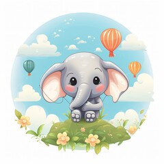 Adorable Vector Illustration of a Cute Elephant Flying on Air Balloon for Children's Book Cover and Wallpaper Designs