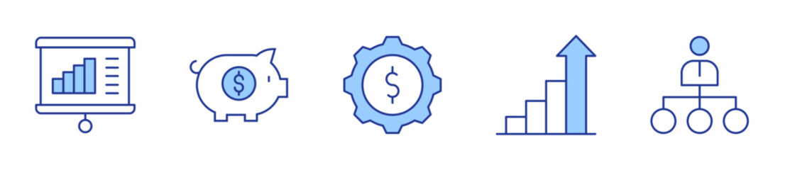 gear, increase, hierarchy, presentation, piggy bank. Business Icon vector illustration. Line Duotone style. Editable stroke
