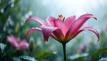 pink lily flower with raindrops on petals, highlighting delicate beauty and freshness against blurred green background. Perfect for nature, beauty, and tranquility themes.
