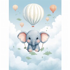 Adorable Vector Elephant Flying on Air Balloon Poster Design for Children's Decor and Print Material