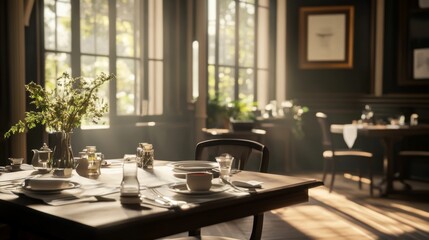 Sunlit dining room, elegant table setting, breakfast, vintage interior