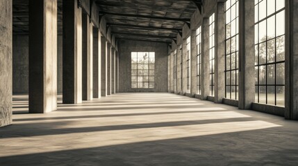 Sunlight in empty industrial warehouse, perfect for design