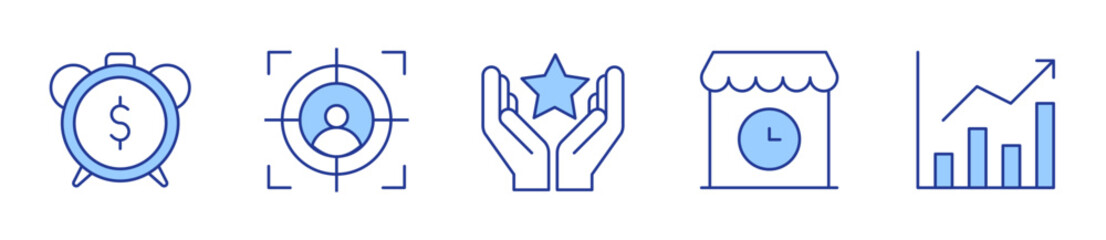 target, star, shop, revenue, time is money. Icon vector illustration. Line Duotone style. Editable stroke