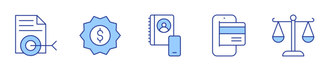 target, sticker, statistics, smartphone, scale. Icon vector illustration. Line Duotone style. Editable stroke