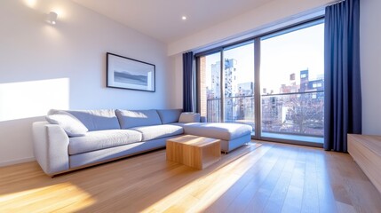 Modern minimalist living room with bright natural light and view of the city through large windows. Generative AI