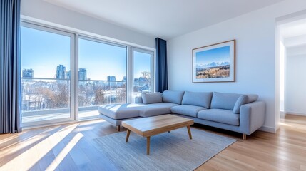 Bright and spacious living room with large windows and stunning city view. Generative AI