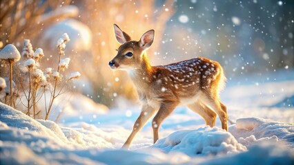Aerial view: a graceful fawn, winter's pristine snow, a snowy forest wonderland.