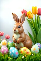 Obraz premium illustration d'un lapin de Pâques et d'œufs de Pâques au milieu de verdure et de tulipes qui sont écloses