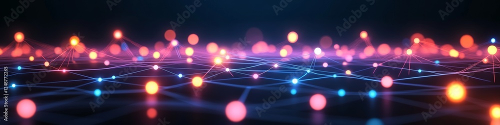 Poster glowing network lines and connections on a dark background, abstract symmetrical tech design