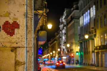 The streets of lisbon at night with heart symbol, Lisbon, Portugal