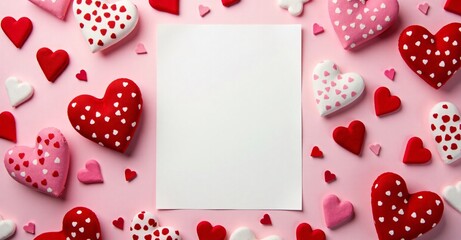 A flat-lay of a poster or card for Valentine’s love letter or wedding invitation with decorative hearts and space for text.