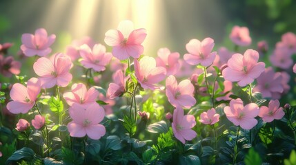 Obraz premium Pink flowers sunrise field; nature beauty