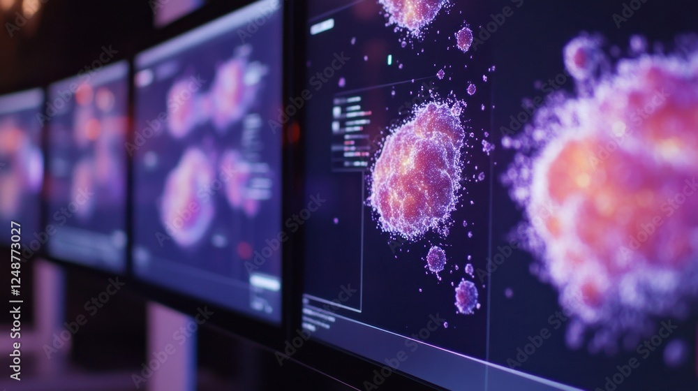 Poster multiple screens display intricate molecular structures, showcasing advanced scientific analysis. th