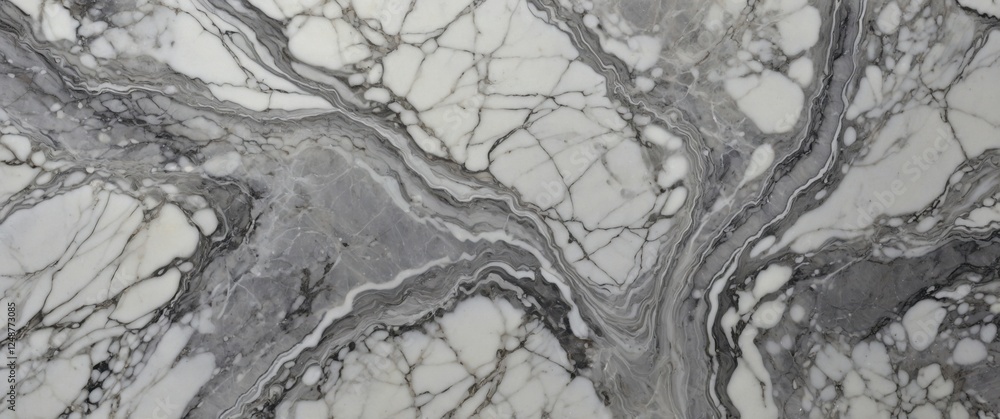 Poster white and gray marble slab with intricate veining patterns forming abstract art on a smooth stone su