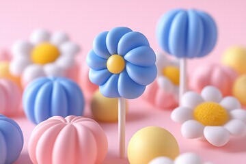 A colorful arrangement of playful, pastel-shaped flowers and round candies on a soft pink background. The flowers are blue and white, while the candies are pink and yellow.