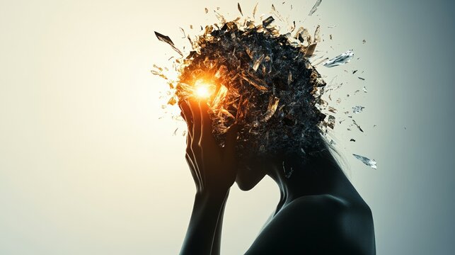 Woman holding her head in her hands suffering from strong migraine and burnout, with exploding head effect, representing stress and mental health issues