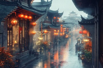Obraz premium Rainy Night in Ancient City: Red Lanterns Glow, Wet Cobblestones Reflect Lights Beautifully in Asian Street Scene