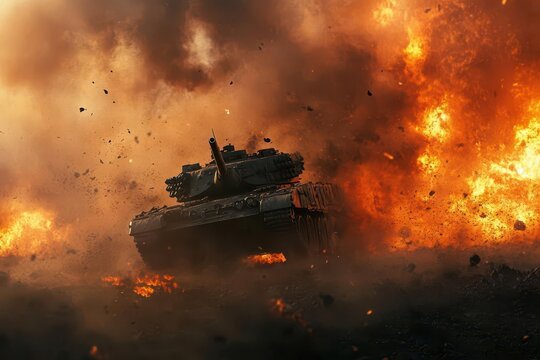 post-apocalyptic battlefield scene, armored tank amid explosions, volumetric smoke effects, dynamic lighting from fire, cinematic wide shot