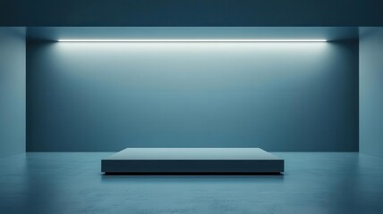 A minimalistic scene showcasing a sleek platform in a modern, well-lit environment, ideal for artistic displays or presentations. podium concept of digital tech blue light background.