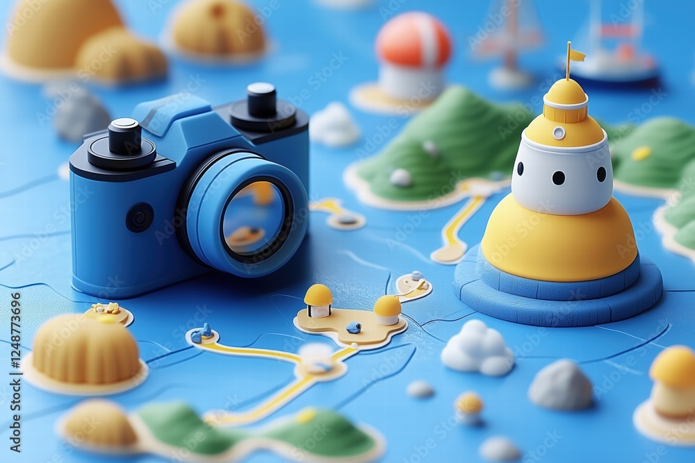 Poster a colorful, playful scene featuring a blue camera and a yellow lighthouse on a textured map-like sur