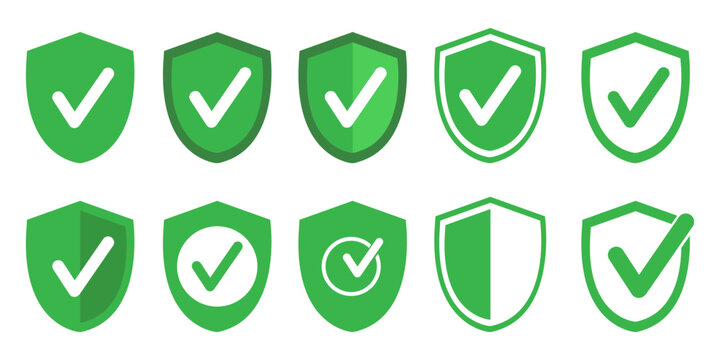 Green Shield icons with check marks - secure and safety vector symbols