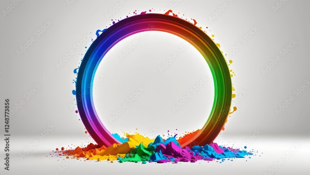 Poster colorful paint forms a vibrant circular ring with splashes on a gray background
