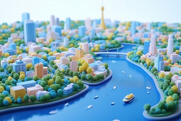 A colorful miniature cityscape featuring buildings, trees, and a river. The scene is vibrant with various shades of blue, green, and yellow, showcasing a lively urban environment. 3d rendering.