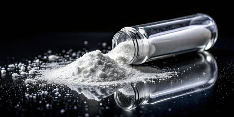 A shadowy vial holds a dark medical powder, possibly GHB, against a stark black backdrop; sterile, scientific, ominous.