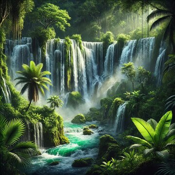 A lush exotic jungle with a powerful waterfall, sparkling water drops and rich green tones.
