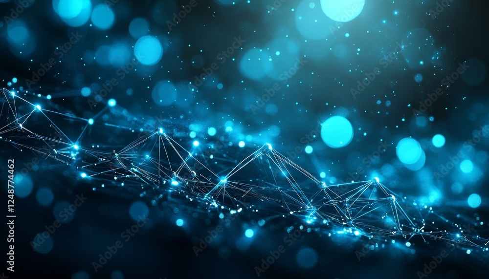 Poster abstract network structure with interconnected nodes and lines on a dark blue background with bokeh