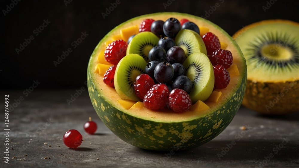 Aufkleber melon fruit bowl filled with kiwi, raspberries, and blueberries creating a colorful and healthy trea