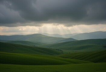 Obraz premium Rolling green hills under dramatic storm clouds with sunbeams piercing through creating a serene and picturesque landscape ideal for nature lovers