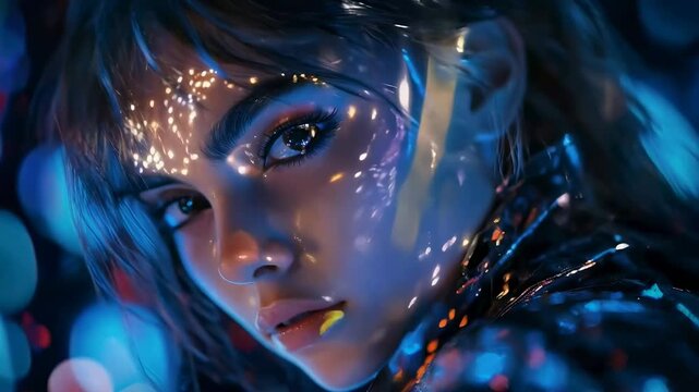 Beautiful cyberpunk girl with light up face, blue and orange lights, reflections, close-up, cinematic, bokeh effect, depth of field