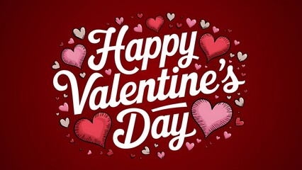 Naklejka premium Happy Valentine's Day Hand-Drawn Cursive Text with Hearts and Confetti on a Red Vintage Background