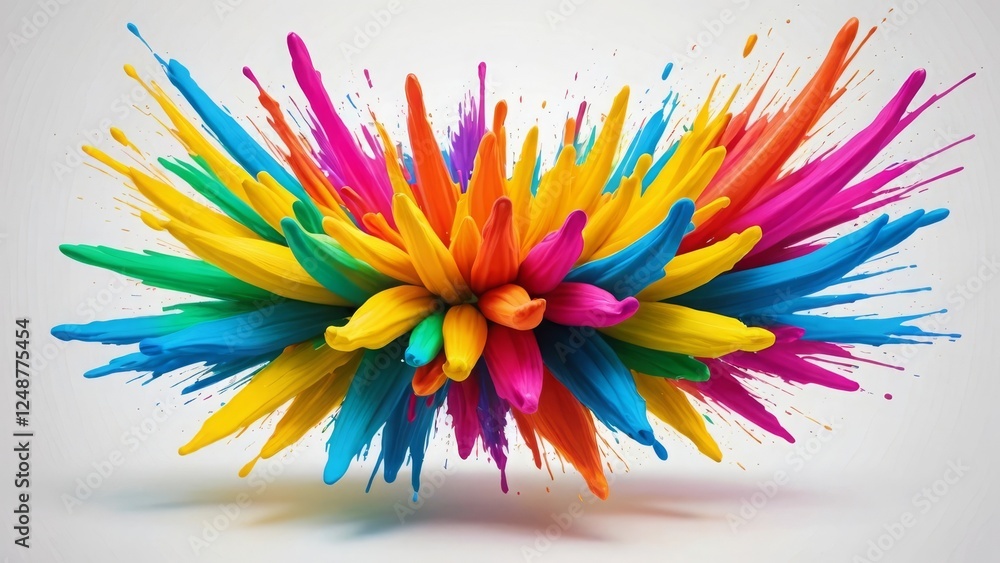 Poster bursting colorful paint splashes create a dynamic abstract design on a white background