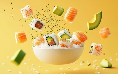 A fresh and colorful sushi bowl with flying sushi rice grains, sashimi slices, and floating avocado cubes mid-air, pastel yellow background