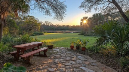 Serene Sunset at Lakeside Picnic Bench