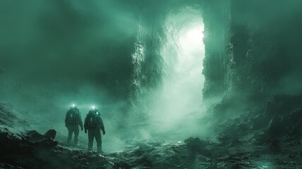 Fototapeta premium Explorers with Headlamps in a Mysterious Cave. Generative AI