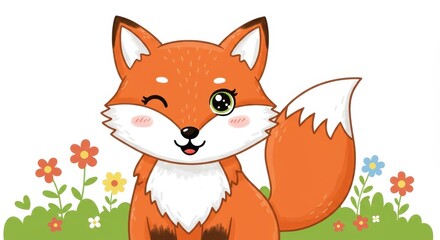 Fototapeta premium Cute Fox Illustration with Flowers and Wink - Perfect for Children's Books and Greeting Cards
