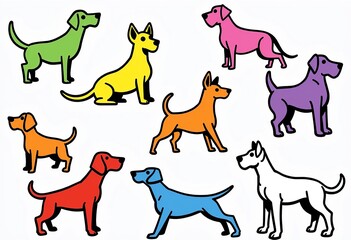 Fototapeta premium Bold & Simple Dog Art: Black Line Drawings with Vibrant Color Accents - Green, Yellow, Blue, Purple, Orange, Red, and Pink on White Background.