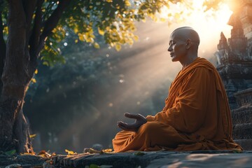 Fototapeta premium Monk meditating sunrise temple peace