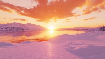 Winter landscape, snow, sunset, orange, pink hues, nature, seasonal, cold, frost, scenic, tourism, travel, background, banner, backdrop, wallpaper, marketing, advertising, decoration.
